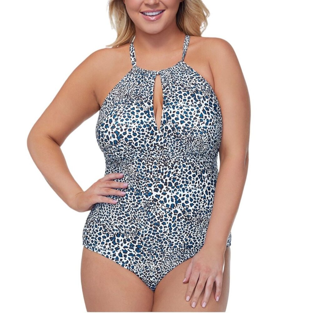 Raisins Women White Animal Print Stretch Strappy High Neck Keyhole Full Coverage